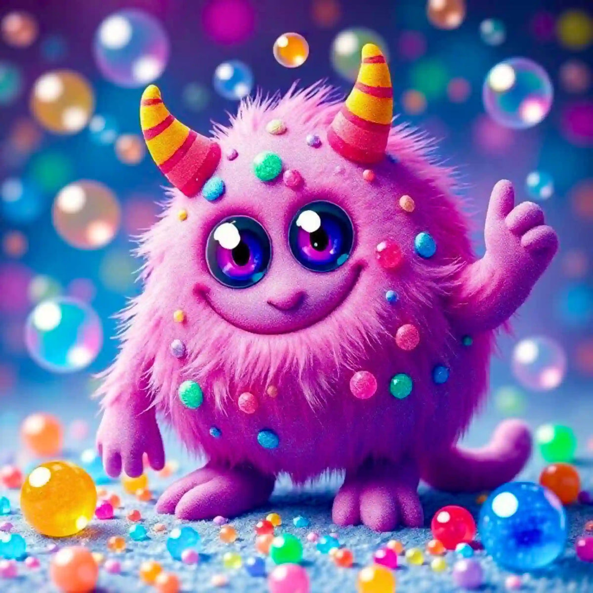 Diamond Painting Set eines niedlichen, flauschigen rosa Kawaii Monsters mit bunten Punkten vor schwebenden Seifenblasen.