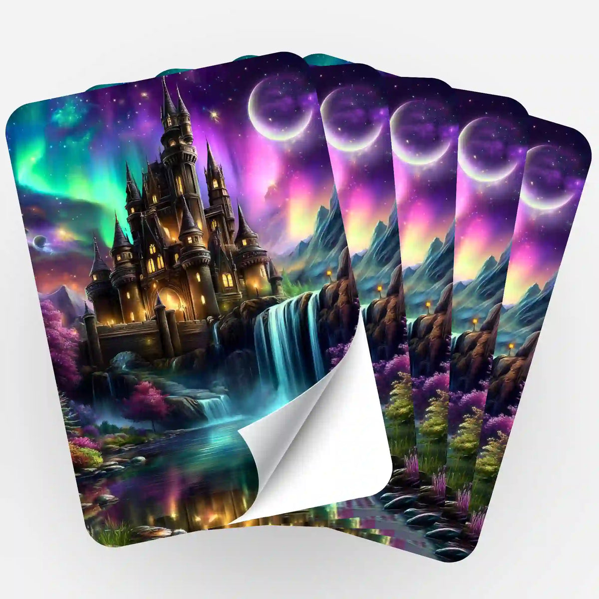 Fünf Picmondoo Aufkleber mit märchenhaftem Schloss, Nordlichtern und Mond – perfekt zum Ergänzen von Diamond Painting Sets