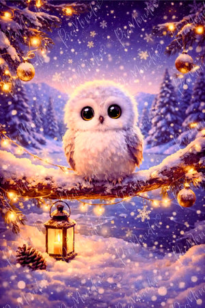Diamond Painting: Niedliche Eule auf verschneitem Ast mit leuchtender Laterne und Lichterkette im Schnee