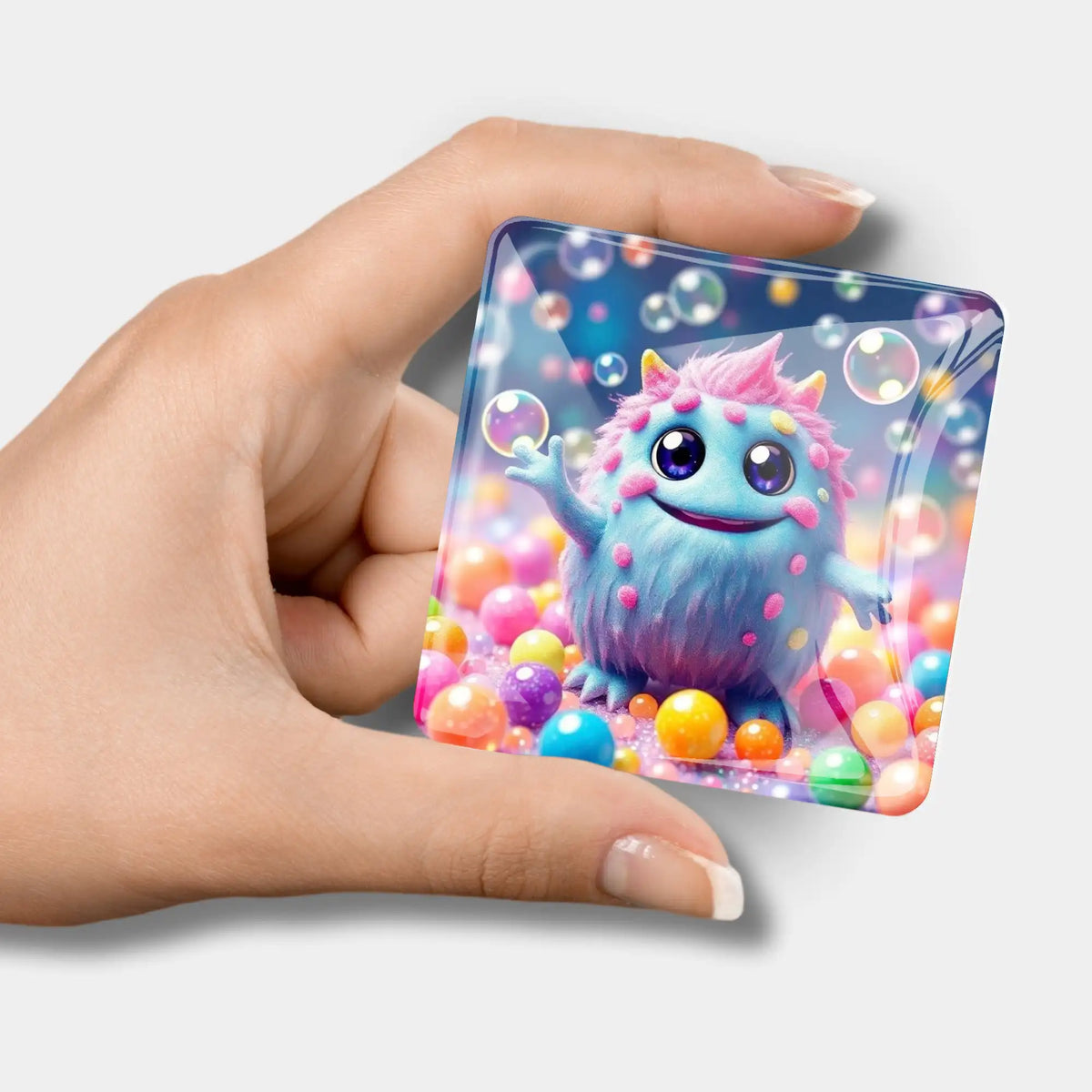 Quadratischer Diamond Painting Cover Minder mit süßem Muffti-Monster-Motiv als Halterung für die Schutzfolie