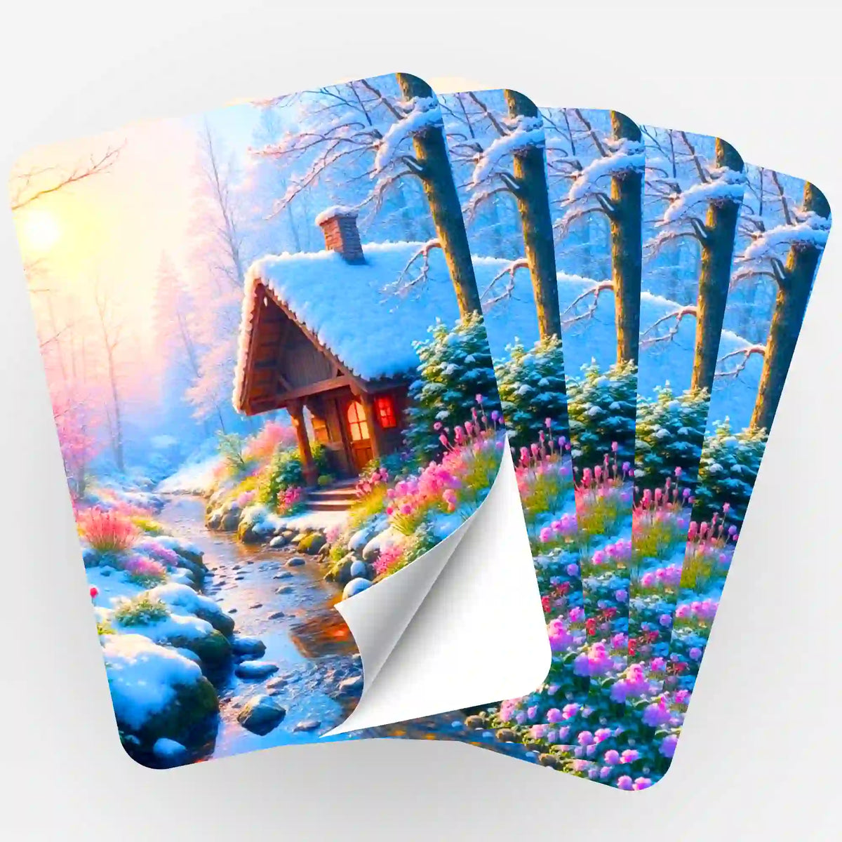 Fünfer-Set Wintermorgen Aufkleber für Diamond Painting Zubehör mit verschneiter Hütte und Blumen am Bachlauf