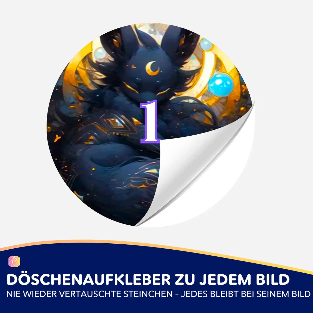 Runder Döschenaufkleber mit mystischem Nachtwesen Motiv zur Organisation von Diamond Painting Steinchen