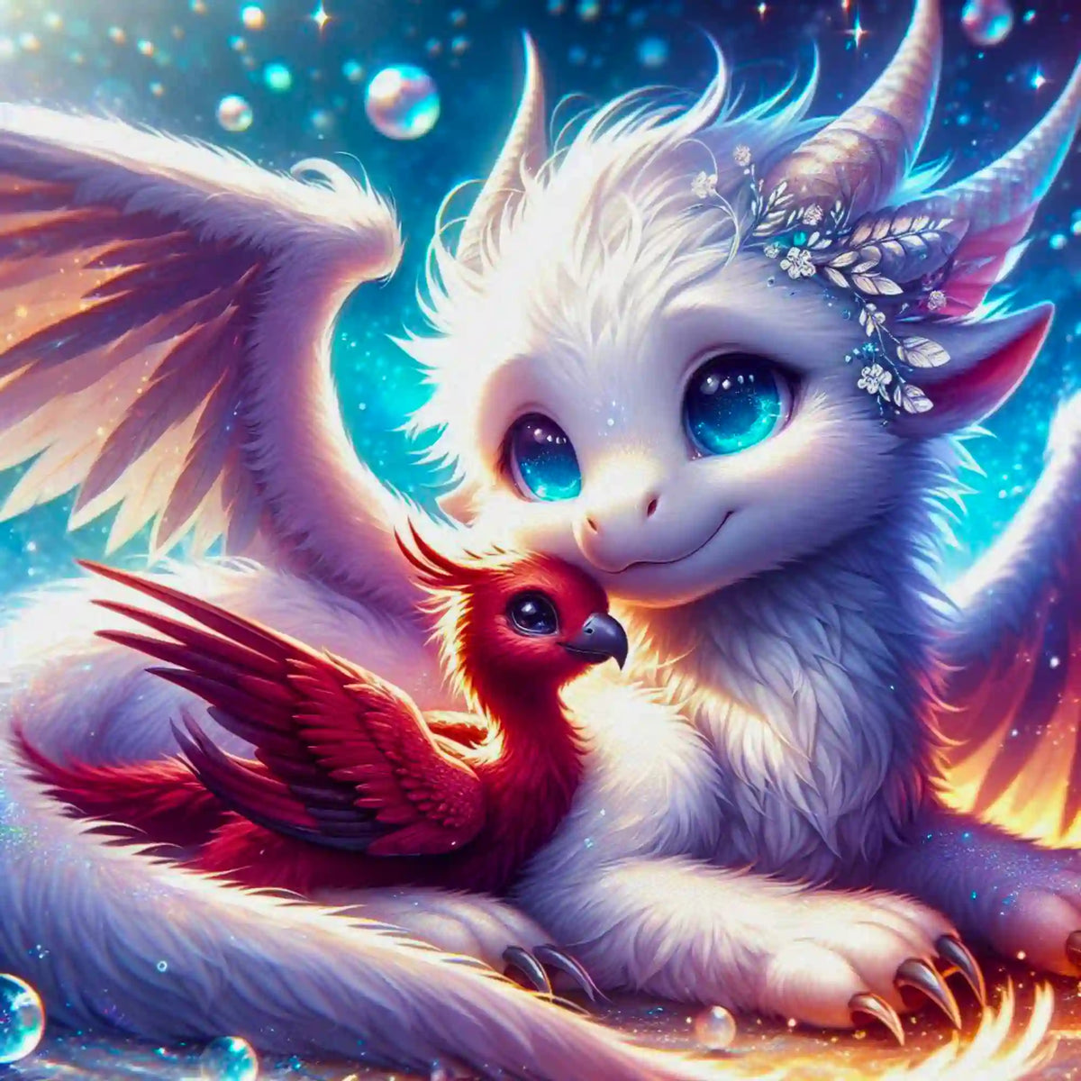 Diamond Painting Set Fantasy: Niedlicher weißer Drache und kleiner roter Vogel vor einem magischen Sternenhintergrund.