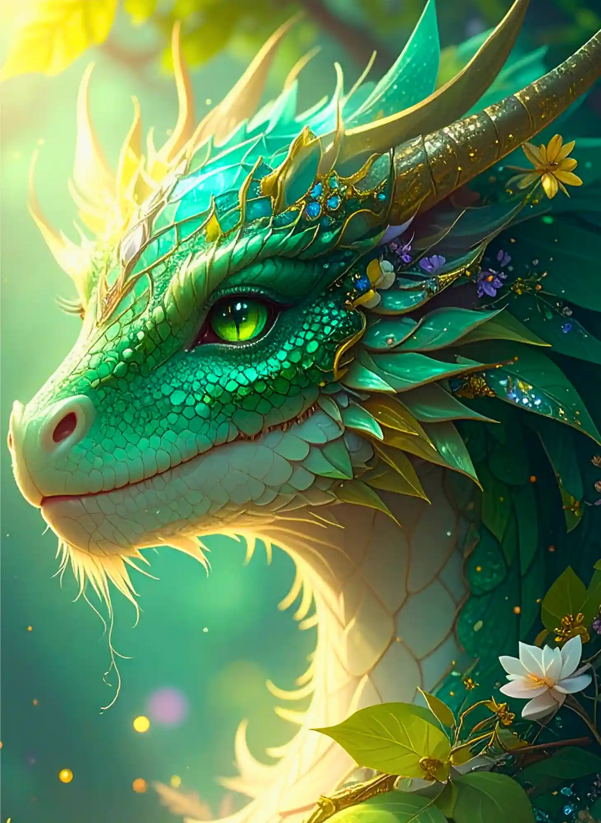 Diamond Painting Set: Mystischer grüner Drache mit leuchtenden Schuppen, umgeben von Blumen im Smaragdwald