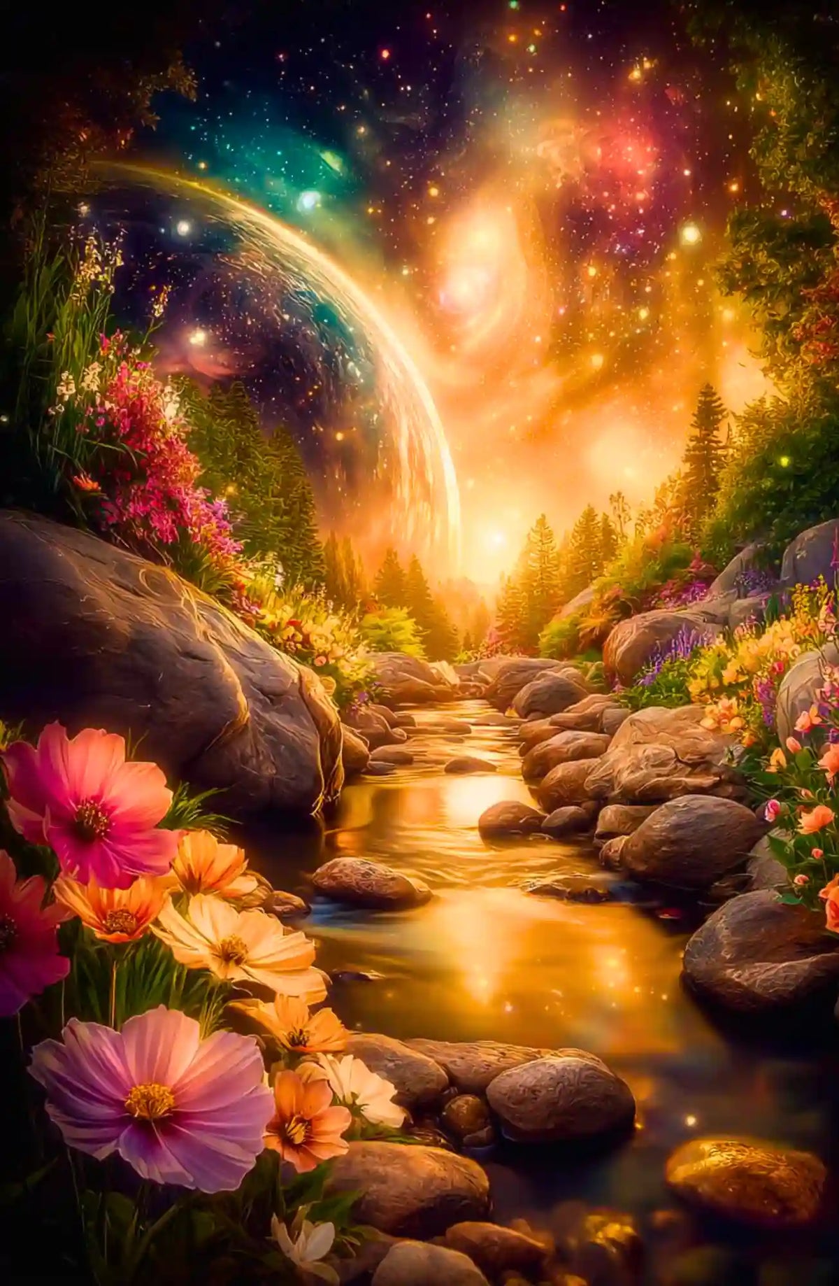 XXL Diamond Painting einer magischen Waldlandschaft mit Fluss, bunten Blumen und strahlendem kosmischen Nachthimmel.