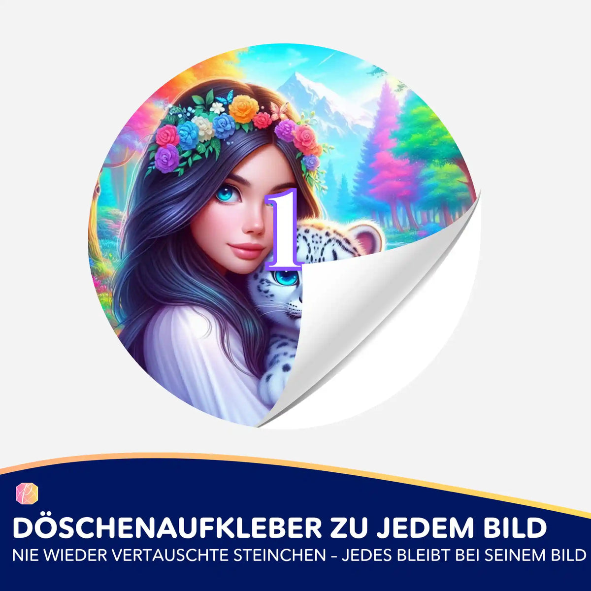 Bunte Döschenaufkleber für Diamond Painting mit Motiv Amira und Leopard zur organisierten Sortierung von Steinchen.