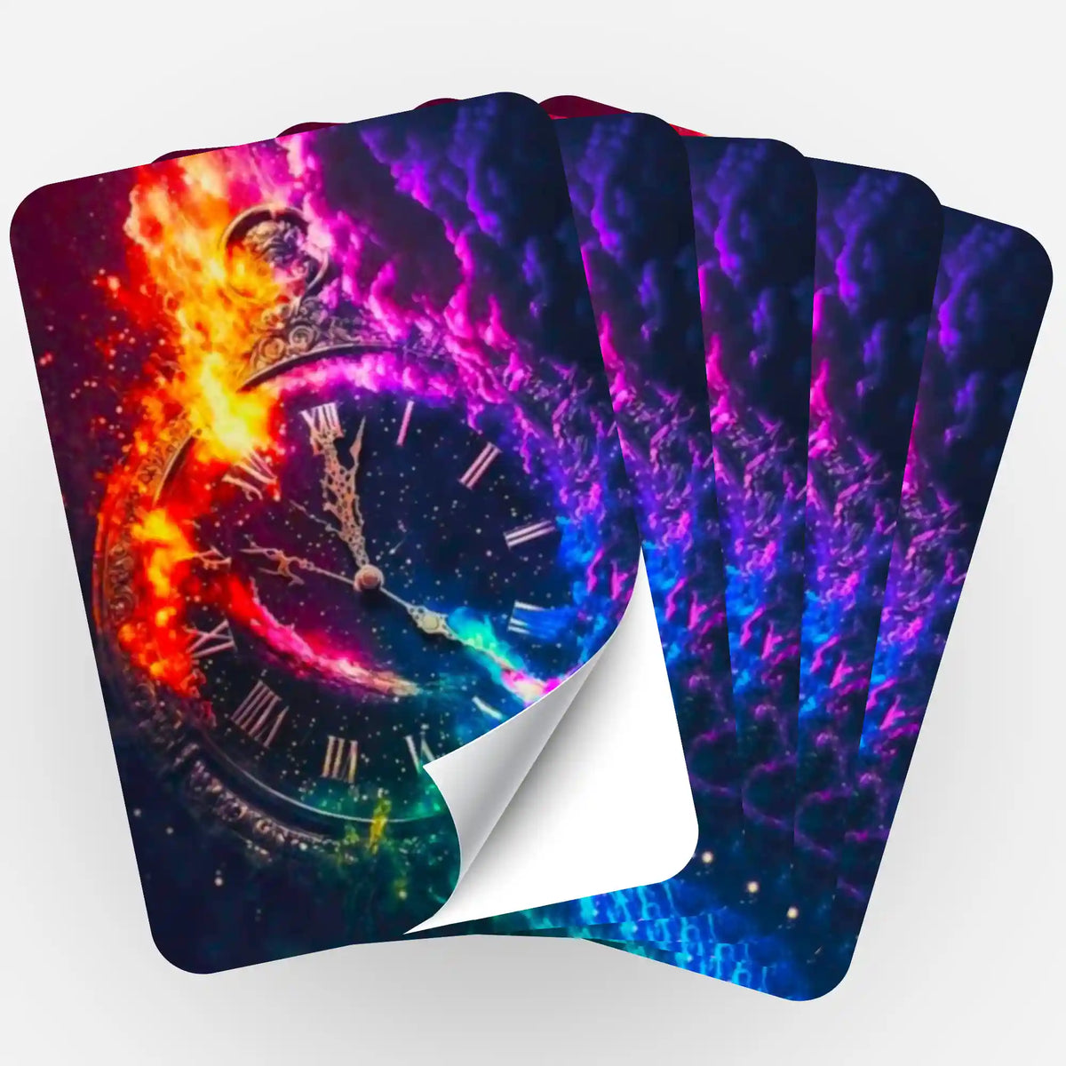 Fünfer-Set dekorativer Aufkleber für Diamond Painting mit Uhr-Motiv in bunten Neonfarben und mystischem Design