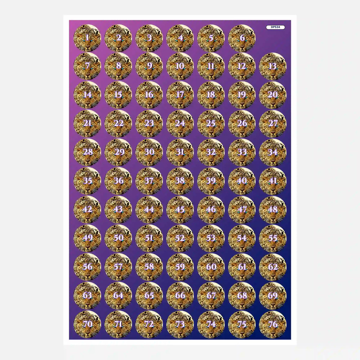 Döschenaufkleber für Diamond Painting mit Leopard-Motiv und Zahlen von 1 bis 76 zur optimalen Farbsortierung.