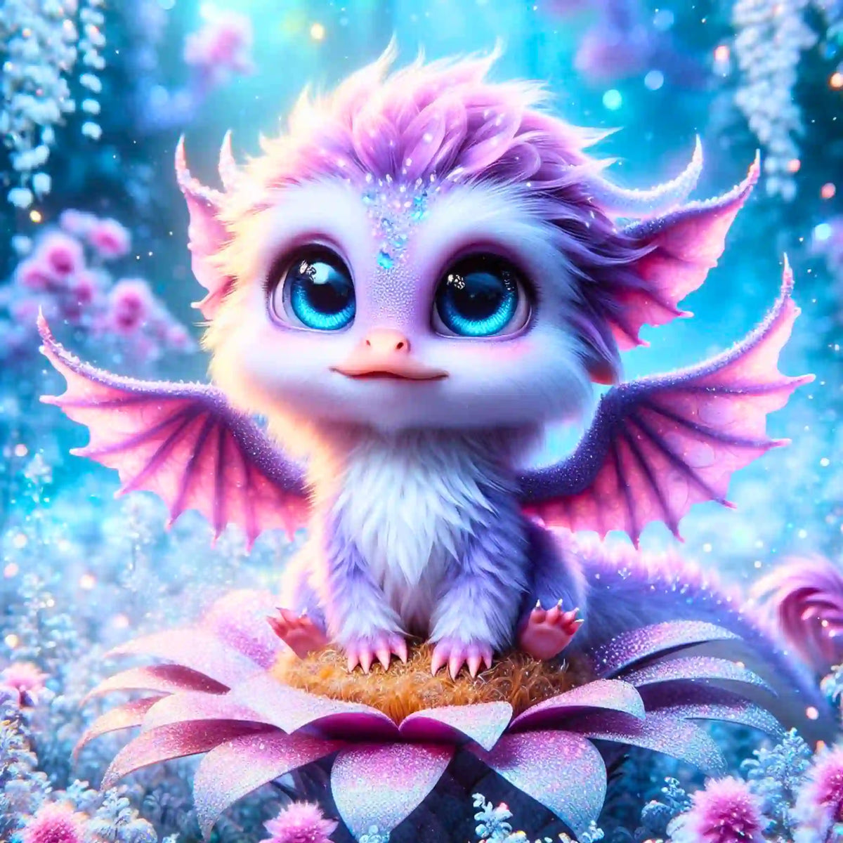 Diamond Painting Set Elun: Niedlicher Babydrache mit violettem Fell und blauen Augen auf einer Blume in magischer Umgebung