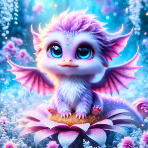 Diamond Painting Set Elun: Niedlicher Babydrache mit violettem Fell und blauen Augen auf einer Blume in magischer Umgebung