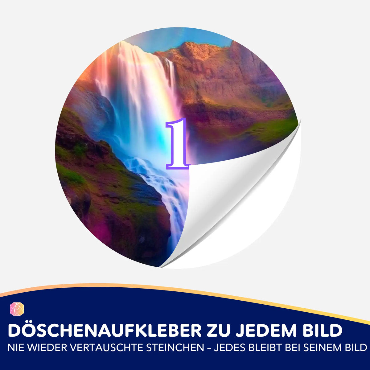 Runder Döschenaufkleber mit Wasserfall-Motiv zur Organisation der Steinchen im Diamond Painting Set