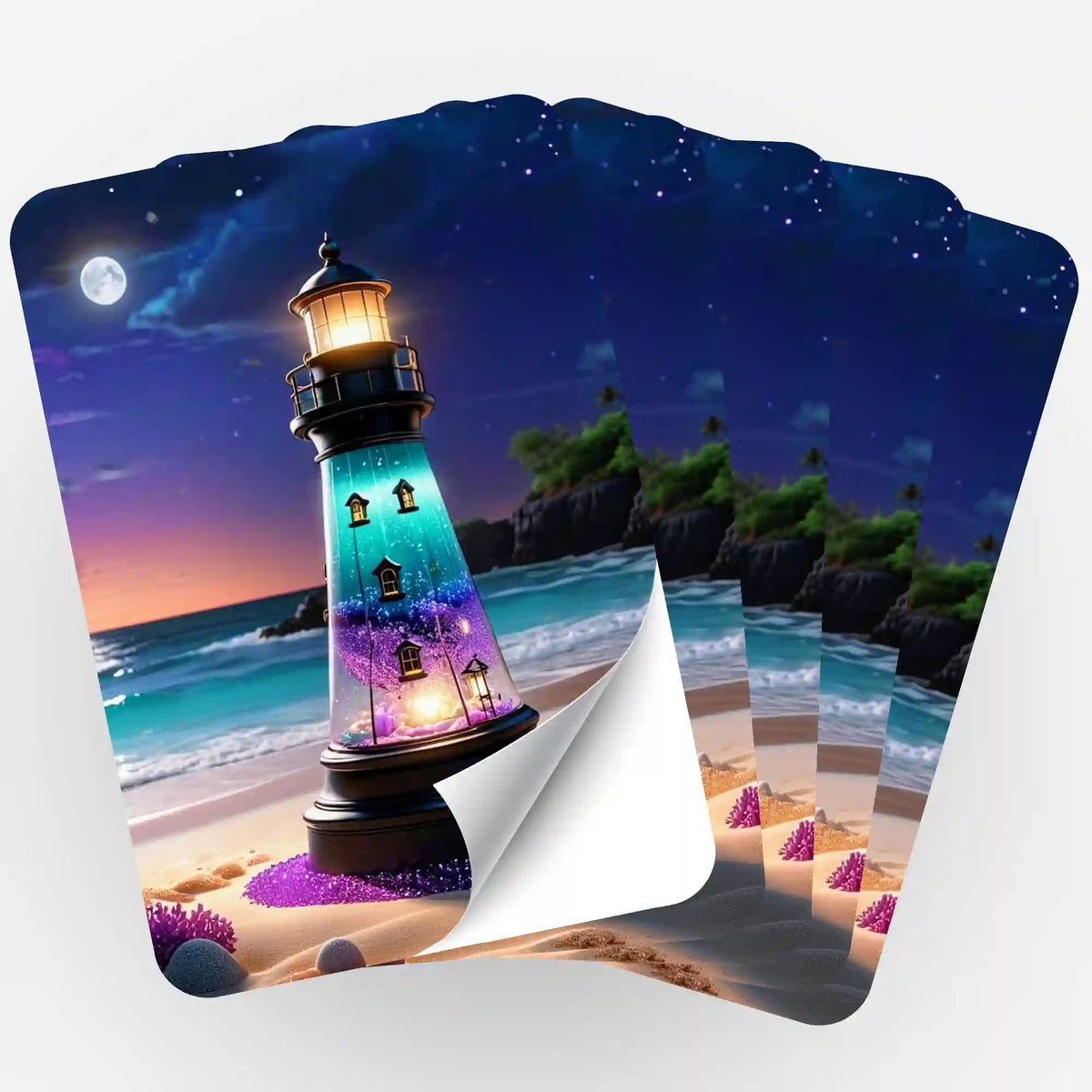 Fächer von 5 Diamond Painting Aufklebern mit Leuchtturm Motiv am Strand bei Nacht für kreative Organisation