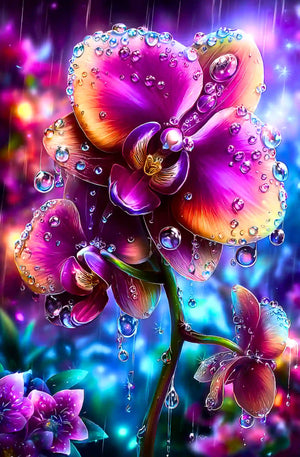 Diamond Painting Set Regenkuss mit farbenfroher Orchidee, glitzernden Wassertropfen und magischen Lichteffekten.