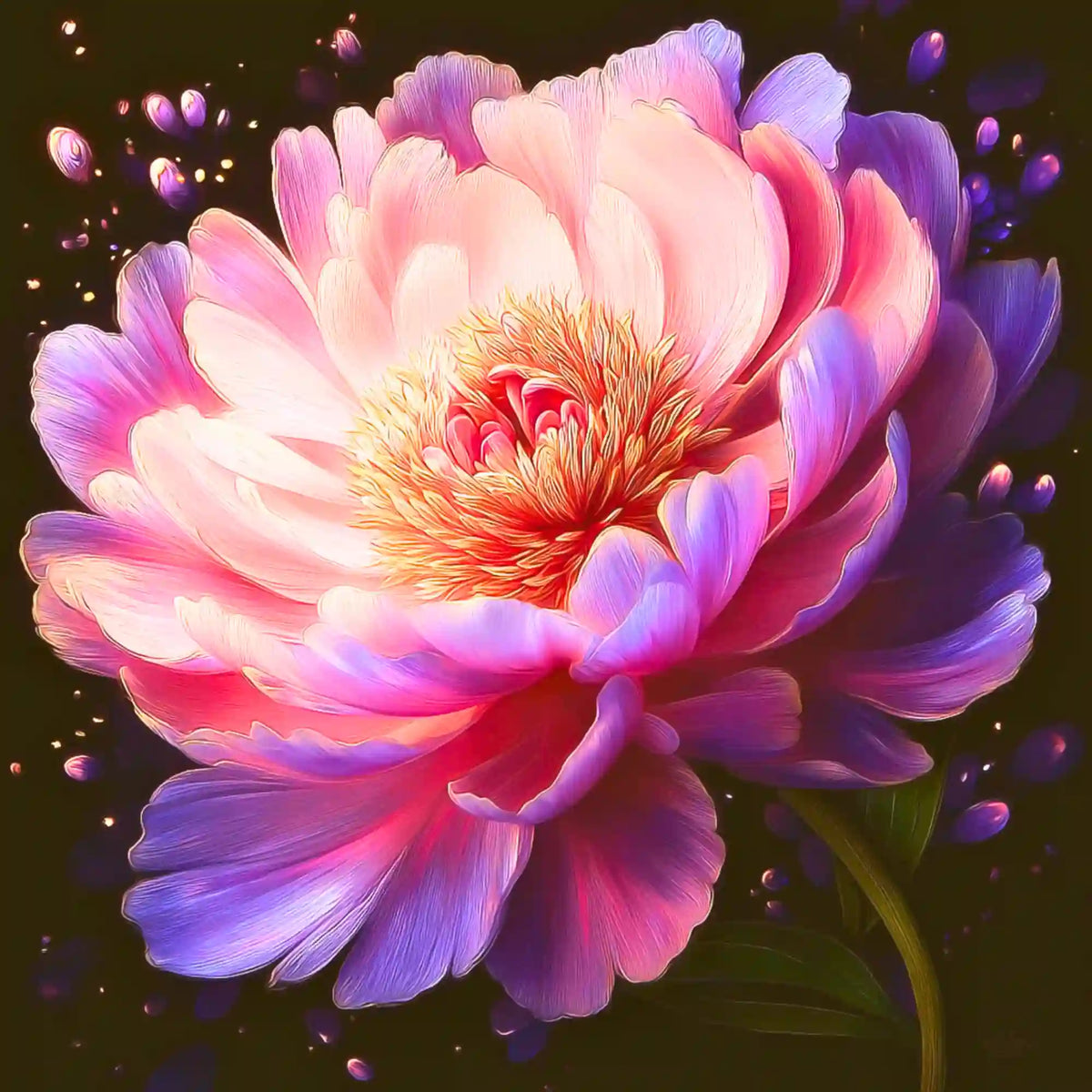 Diamond Painting Set mit pfingstrosenblüte in Rosa und Violett auf dunklem Hintergrund mit glitzernden Lichteffekten