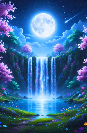 Diamond Painting Set Tal der flüsternden Wasser mit magischem Wasserfall, Vollmond und Blumen in einer nächtlichen Landschaft