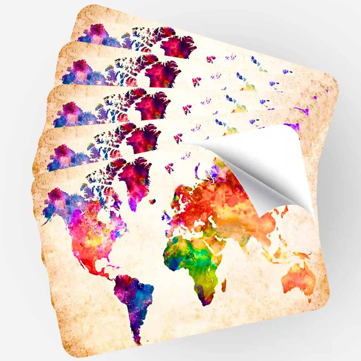 Fünfer-Set dekorativer Aufkleber mit bunter Weltkarte im Aquarell-Design zur Organisation von Diamond Painting Zubehör