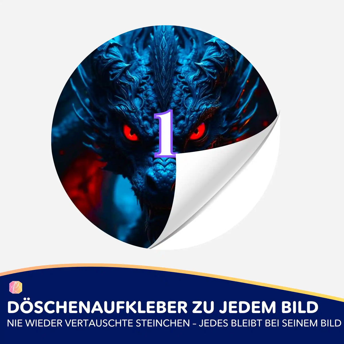 Runder Döschenaufkleber mit Drachenmotiv zur Organisation von Diamond Painting Steinchen bei Picmondoo.