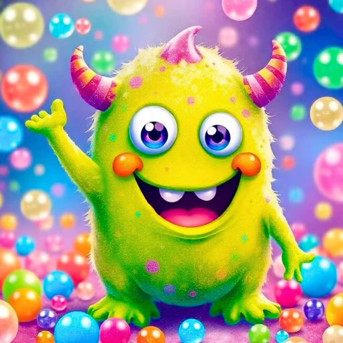 Diamond Painting Set Seppel: Flauschiges kawaii Monster mit großen Augen und bunten Kugeln im farbenfrohen Fantasy-Stil.
