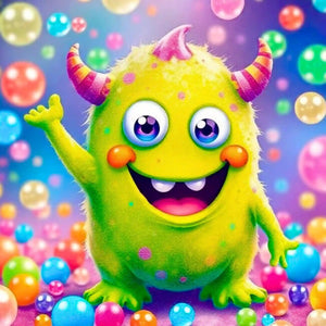 Diamond Painting Set Seppel: Flauschiges kawaii Monster mit großen Augen und bunten Kugeln im farbenfrohen Fantasy-Stil.