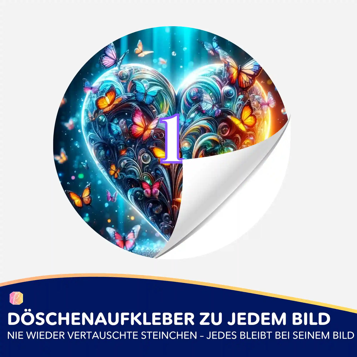 Bunter Döschenaufkleber mit Schmetterlingsherz-Motiv zur Organisation von Diamond Painting Steinchen.
