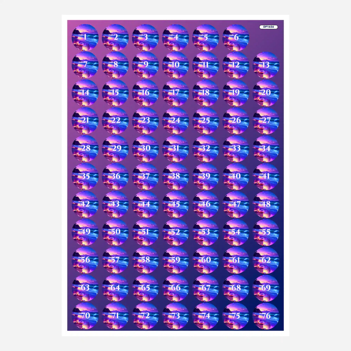Bogen mit runden Döschenaufklebern für Diamond Painting Zubehör mit Zahlen von 1 bis 76 im maritimen Muschel-Design