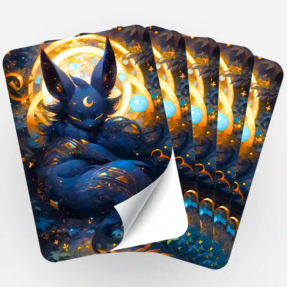 Fünfer-Set Aufkleber Mystisches Nachtwesen für Diamond Painting Fans mit magischem Fuchs-Motiv und Goldakzenten.