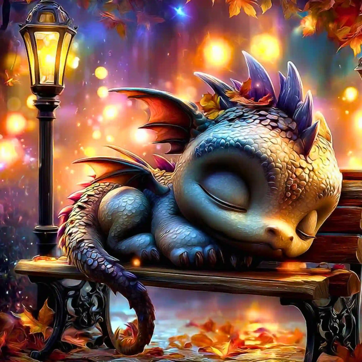 Diamond Painting Set Lumos Schlummer: Süßer Babydrache schläft im Herbstlaub auf einer Bank unter einer Laterne