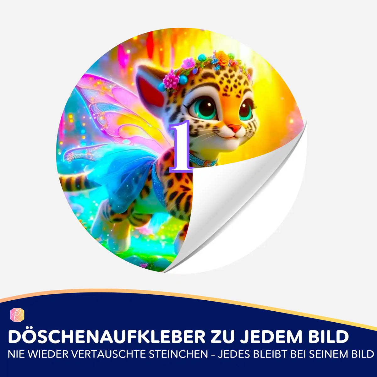 Bunter Döschenaufkleber für Diamond Painting mit Finja der Tigerfee, ideal zur Sortierung von Diamanten im Bastelset.