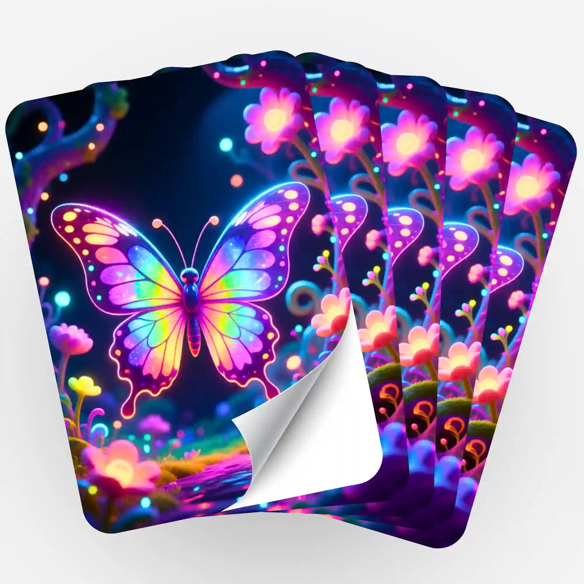 Fächer von 5 Picmondoo Diamond Painting Aufklebern mit buntem Neon-Schmetterling und Blumen für die Hobby-Organisation
