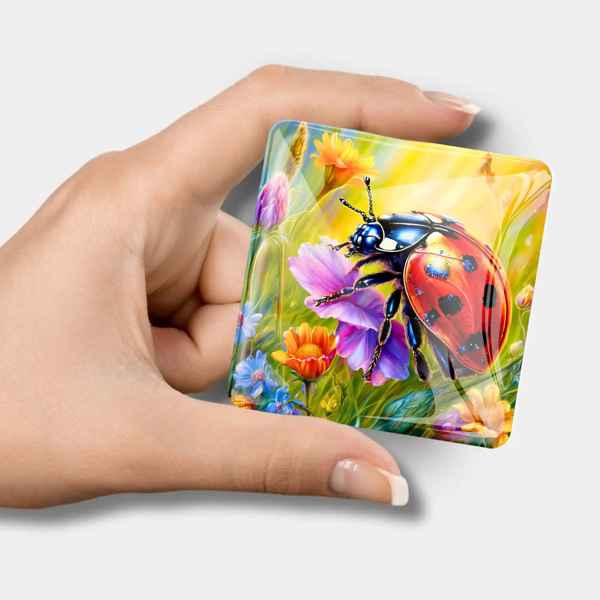 Quadratischer Diamond Painting Cover Minder aus Glas mit Marienkäfer-Motiv in einer Hand für DIY-Bastelsets