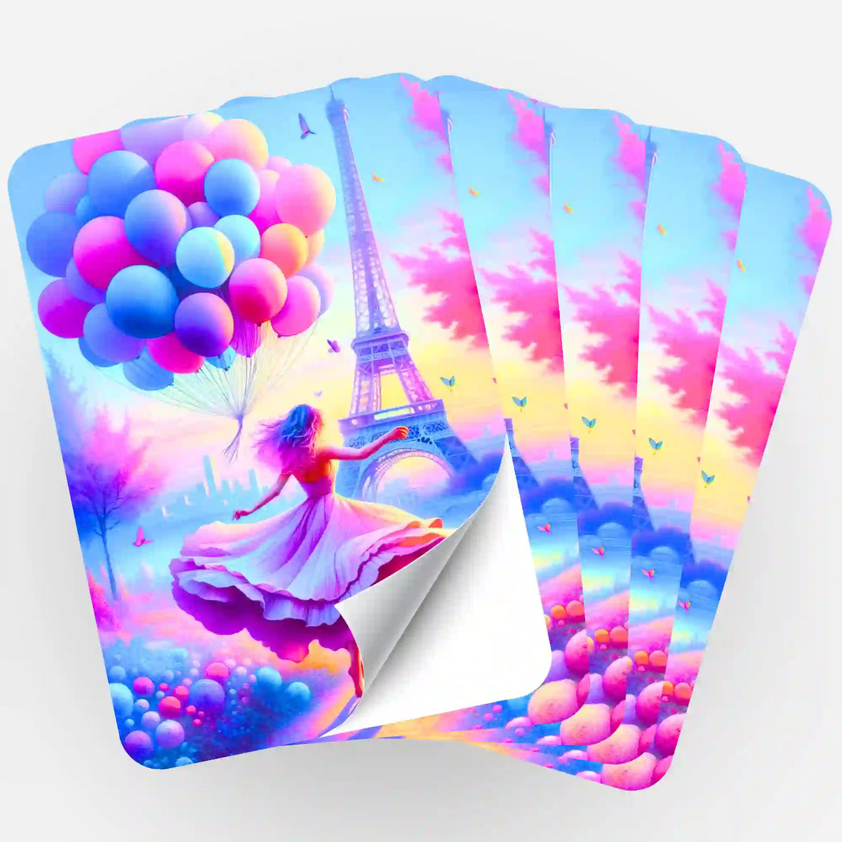 Fünfer-Set Diamond Painting Aufkleber Verträumtes Paris mit Eiffelturm, Luftballons und tanzender Frau im bunten Kleid