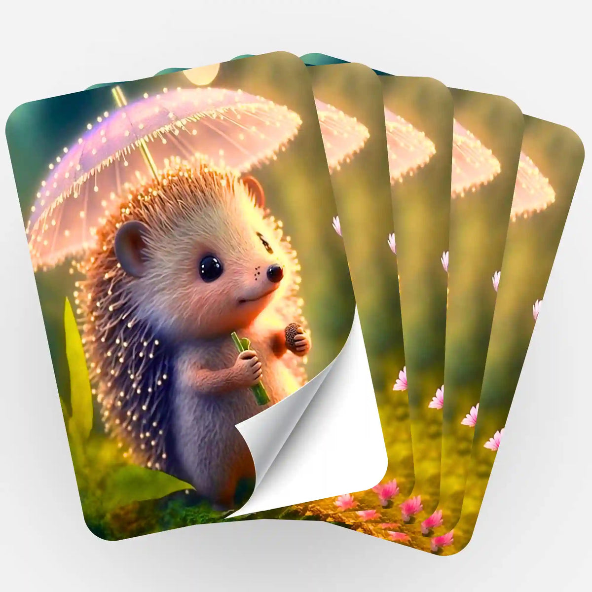 5er-Set Diamond Painting Aufkleber mit niedlichem Igel Motiv unter einem leuchtenden Schirm im Sonnenlicht