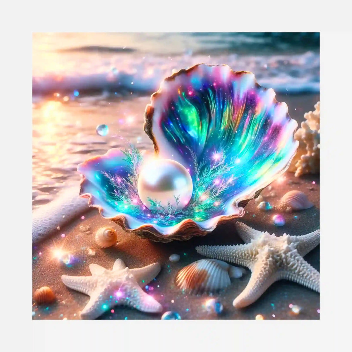 Diamond Painting Silikonpapier Innerer Schatz: Bunte Muschel mit Perle und Seesterne am Strand