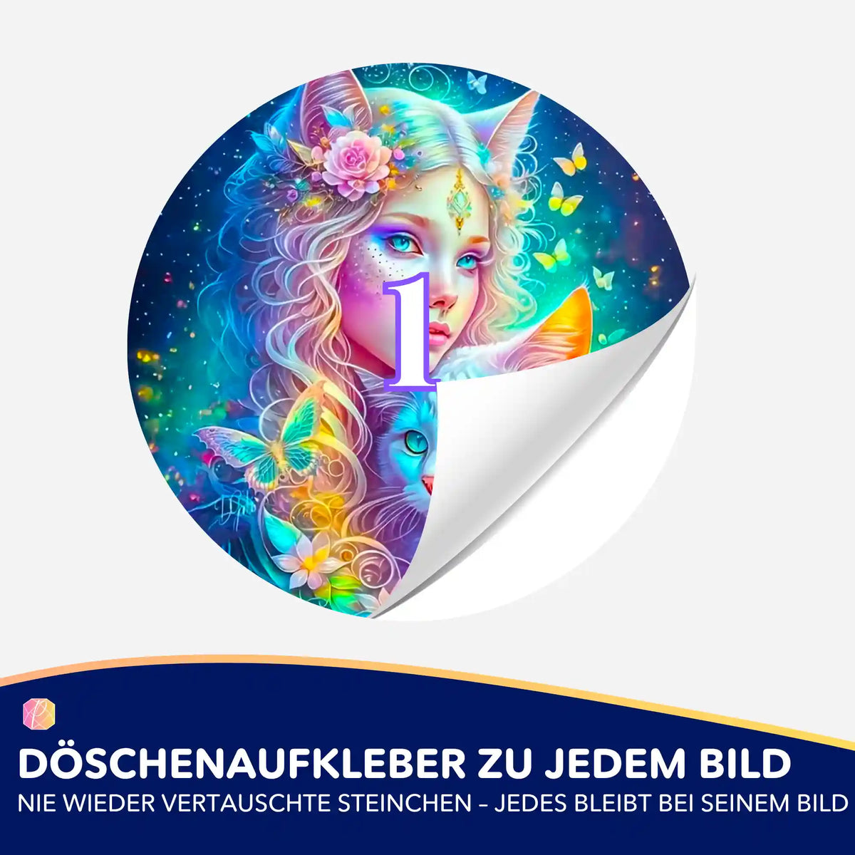 Runder Döschenaufkleber mit Katzenelfe-Motiv zur Organisation von Diamond Painting Steinchen