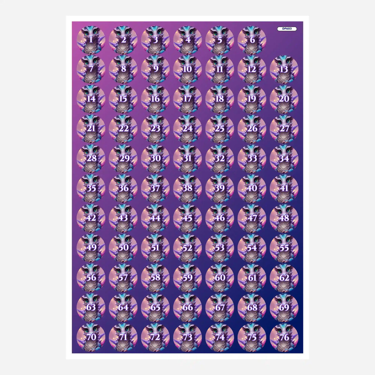 Bogen mit runden Cute Dragon Aufklebern zur Organisation von Diamond Painting Steinchen und Farben