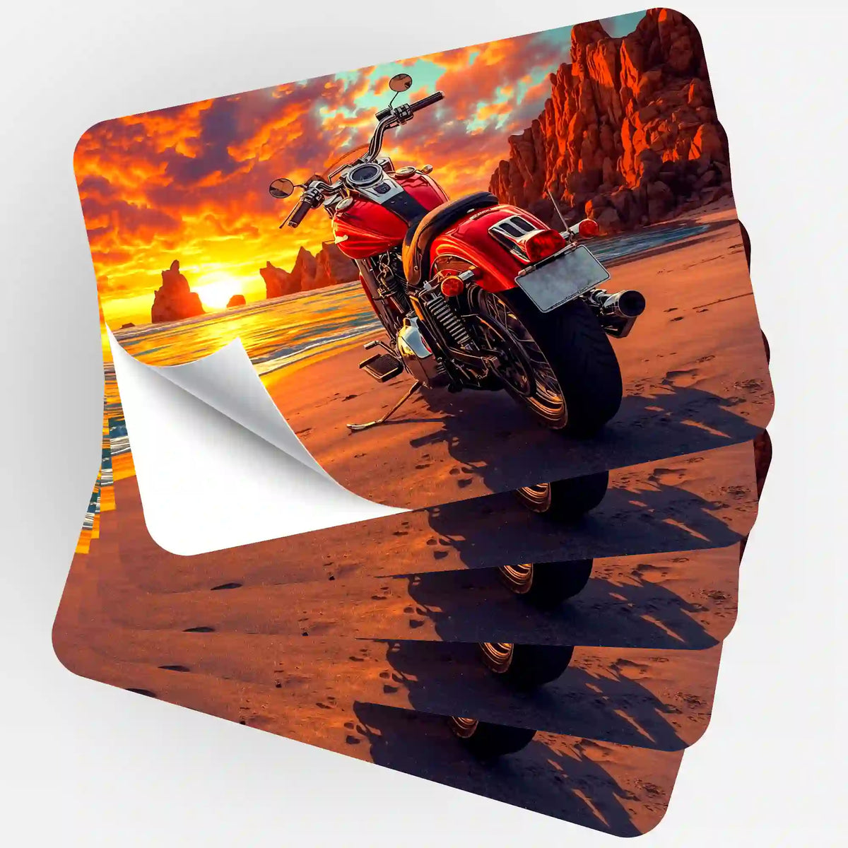 Fünf Picmondoo Aufkleber mit Motorrad-Motiv am Strand bei Sonnenuntergang als Zubehör für Diamond Painting Fans