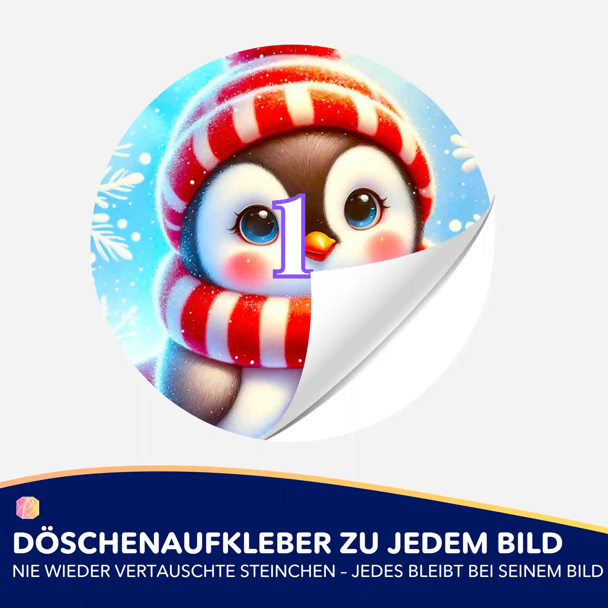 Runder Döschenaufkleber mit Pinguin-Motiv für Diamond Painting Zubehör zur optimalen Sortierung der Diamanten.