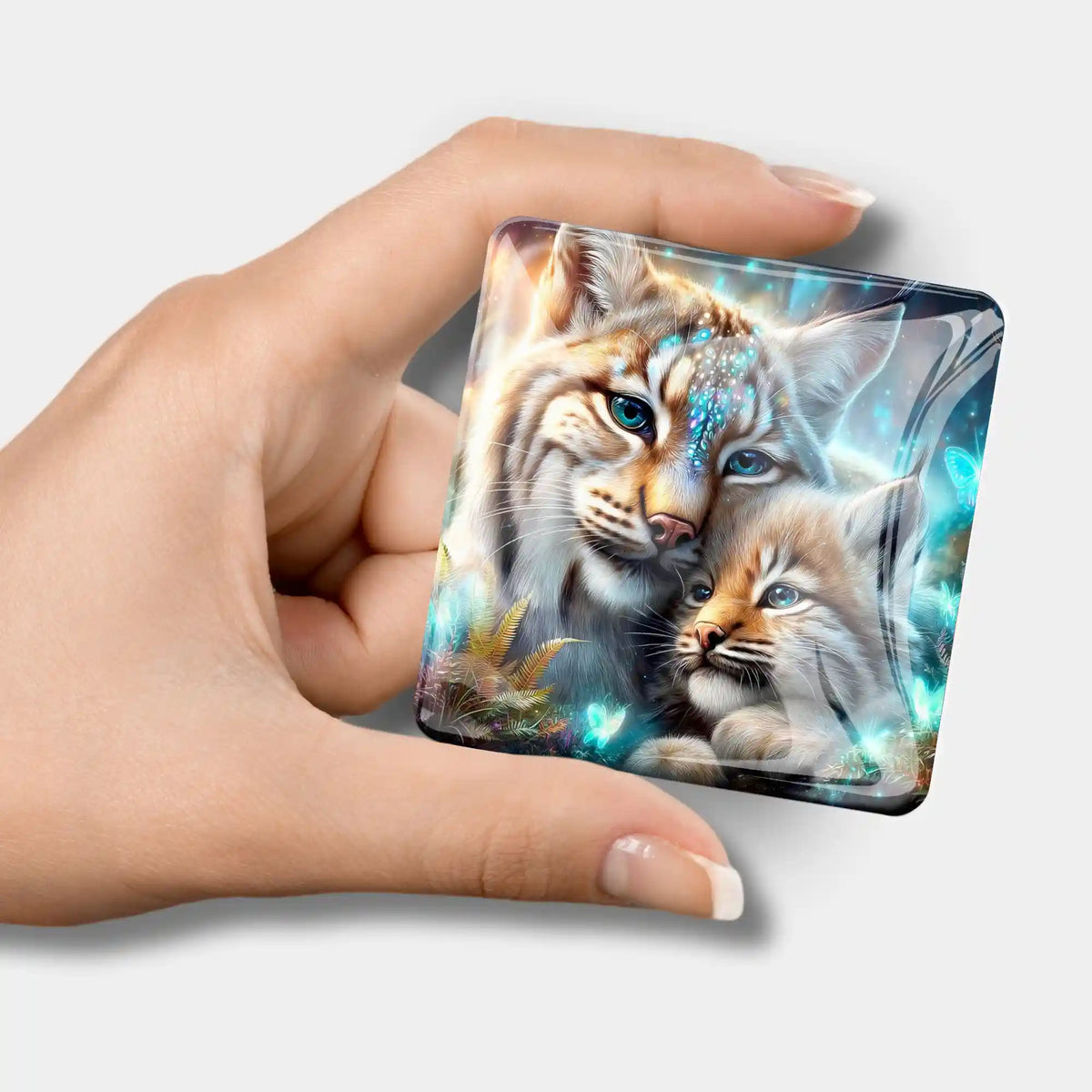Quadratischer Luchs-Coverminder aus Glas als praktisches Magnet-Zubehör für Diamond Painting Sets mit magischer Optik
