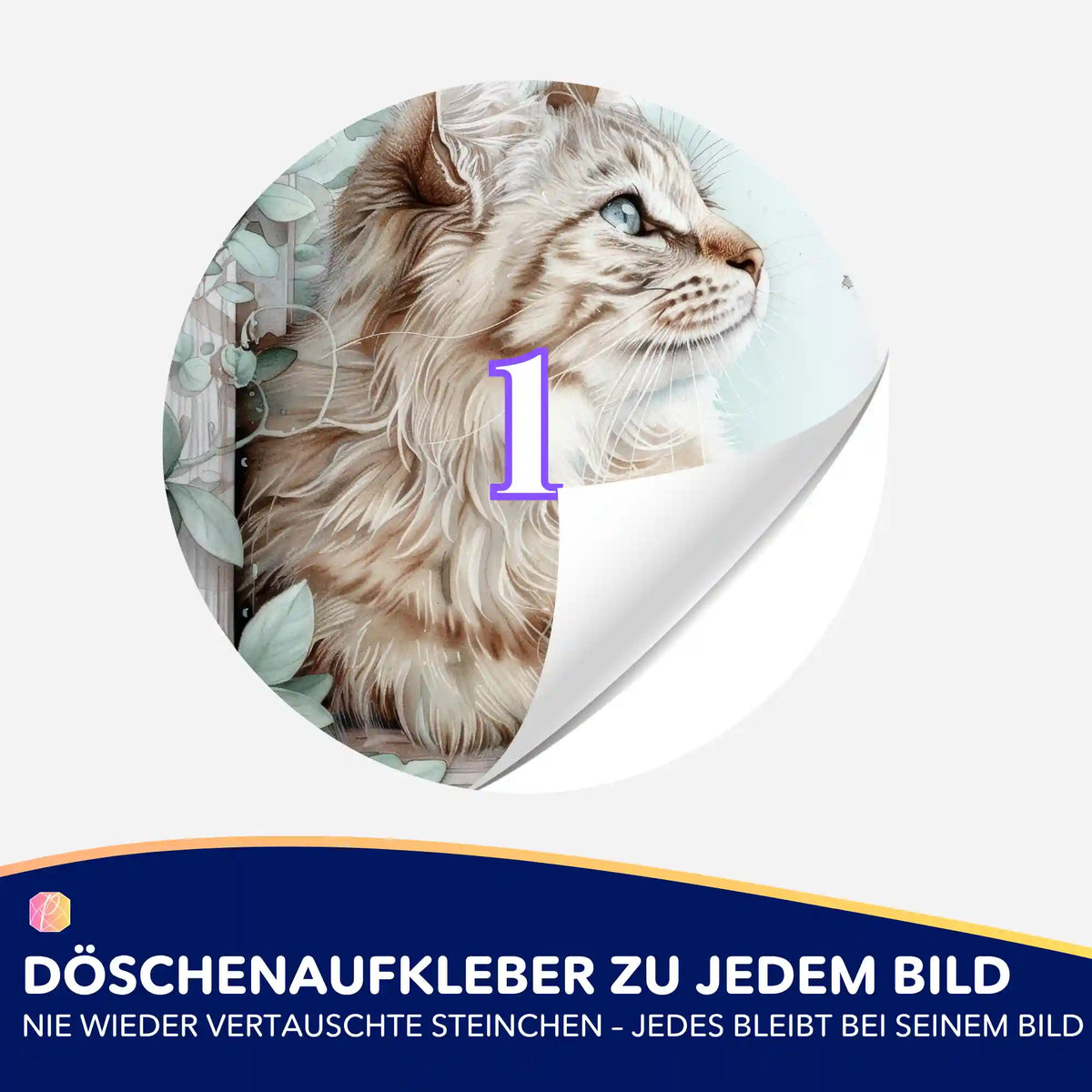 Runder Döschenaufkleber mit Kater Casimo Motiv für Diamond Painting Zubehör zur einfachen Sortierung der Steinfarben.