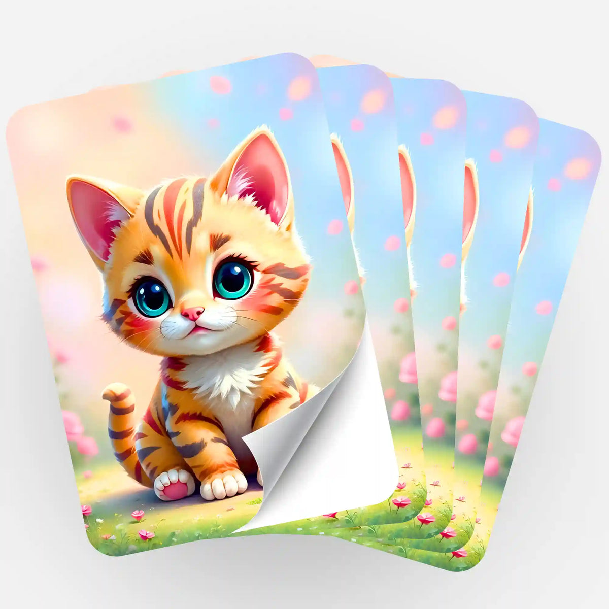 Fünfer-Set Karlchen Sticker für Diamond Painting und Bastelprojekte mit süßem Kätzchen Motiv auf Frühlingswiese