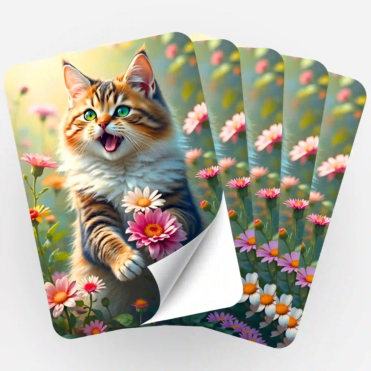 Fünfer-Set Lucy Aufkleber mit Katze in Blumenwiese für Diamond Painting Zubehör