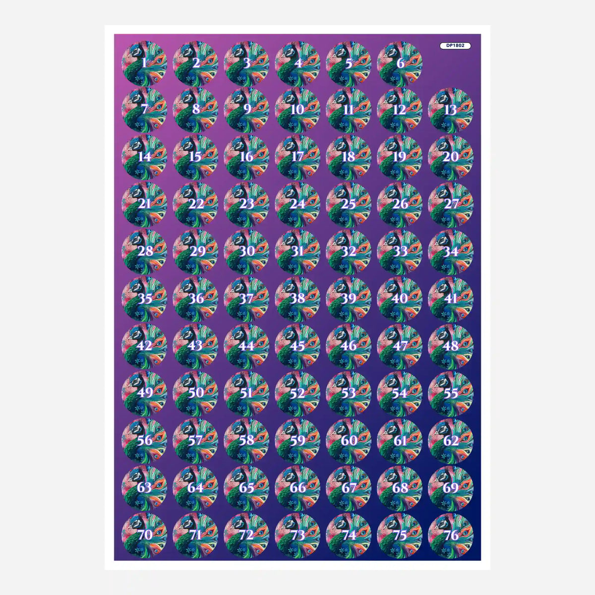 Bogen mit runden Döschenaufklebern für Diamond Painting Steine, Motiv Majestät der Farben mit Nummern 1 bis 76