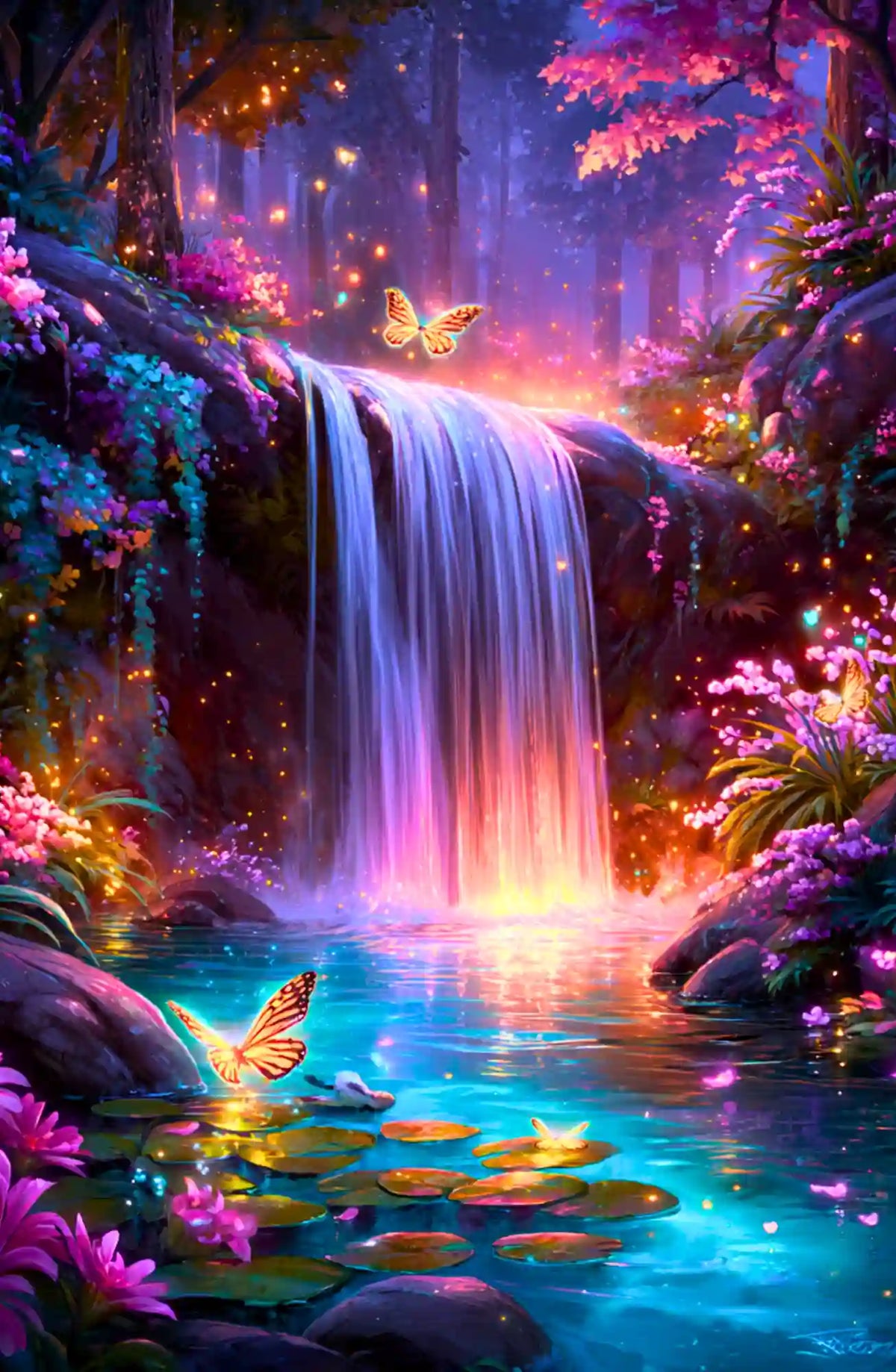 Diamond Painting Set Hain der erwachten Farben: Fantasiewald mit Wasserfall, rosa Blüten, Schmetterlingen und Teich.