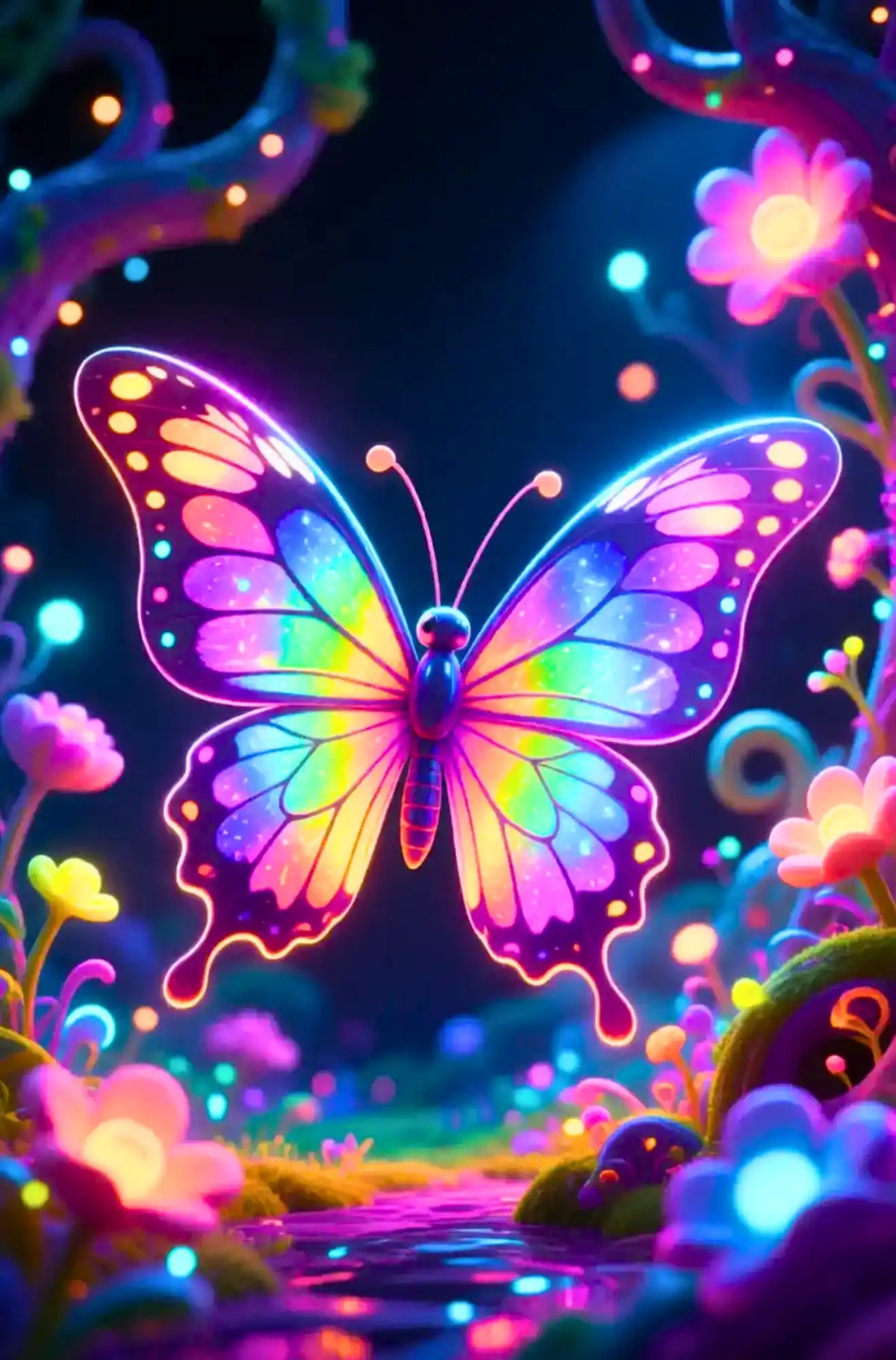 Diamond Painting Set Flügel der Schleier: Bunter, leuchtender Schmetterling mit Neonfarben in einer magischen Nachtlandschaft.