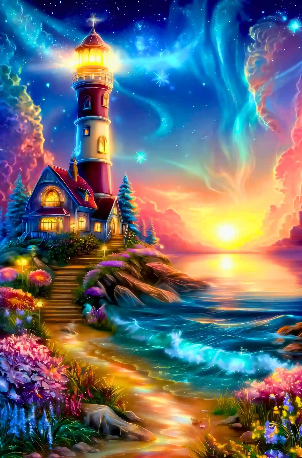 Diamond Painting Set eines magischen Leuchtturms am Meer mit buntem Sternenhimmel, Blumen und sonnigem Horizont