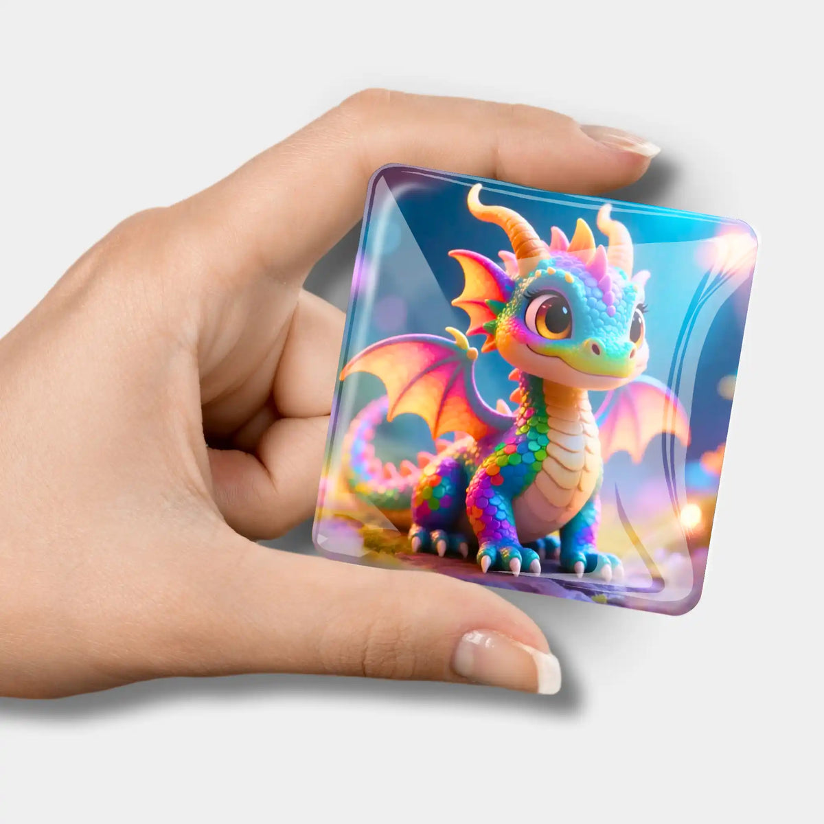 Bunter Glas-Coverminder mit Drachen-Motiv als praktisches Zubehör für Diamond Painting und DIY-Bastelprojekte