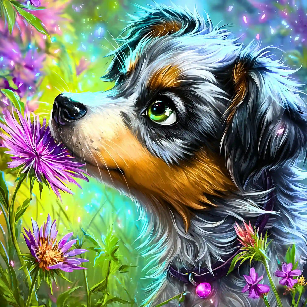 Diamond Painting Set Yaro: Süßer Welpe mit grünem Hundeauge und flauschigem Fell schnuppert an leuchtend lila Wildblumen.