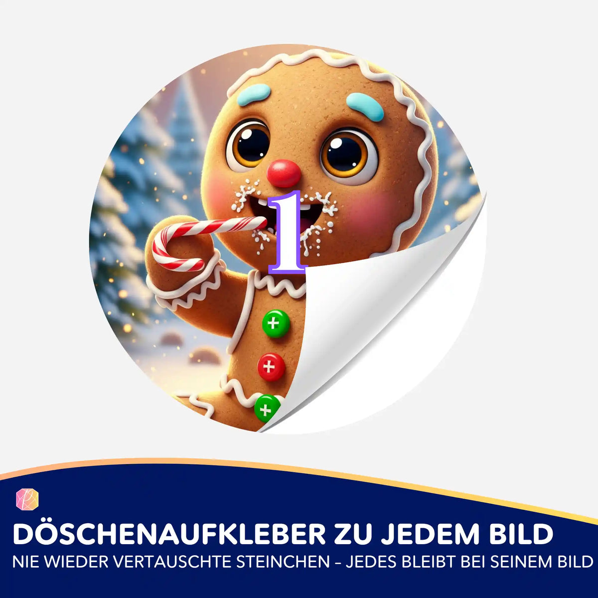 Runder Döschenaufkleber mit Lebkuchenmann-Motiv zur Organisation von Diamond Painting Steinchen