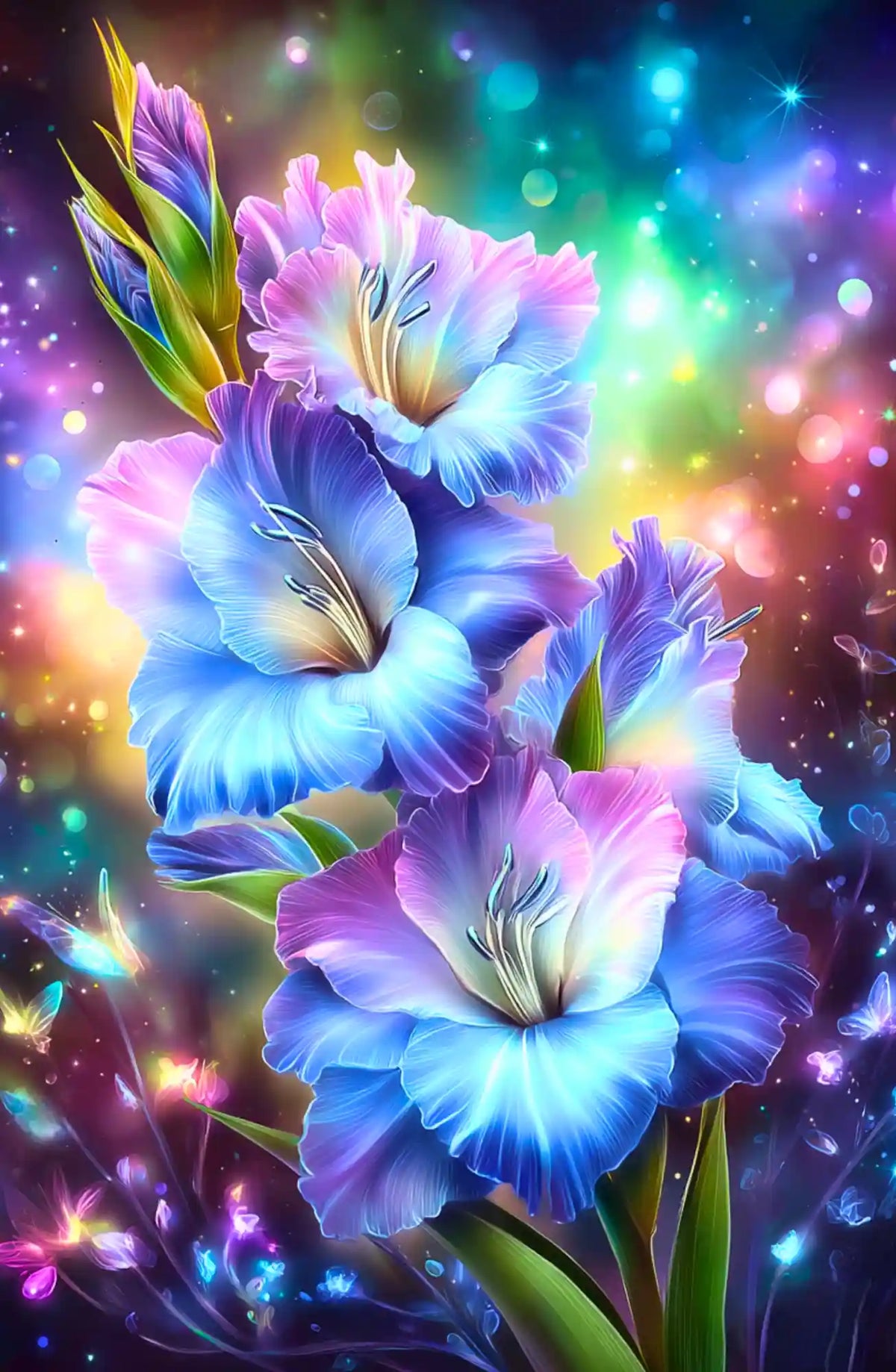 Diamond Painting Gladiole Schwert aus Seide mit regenbogenfarbenen Blüten und magischem Feenstaubeffekt