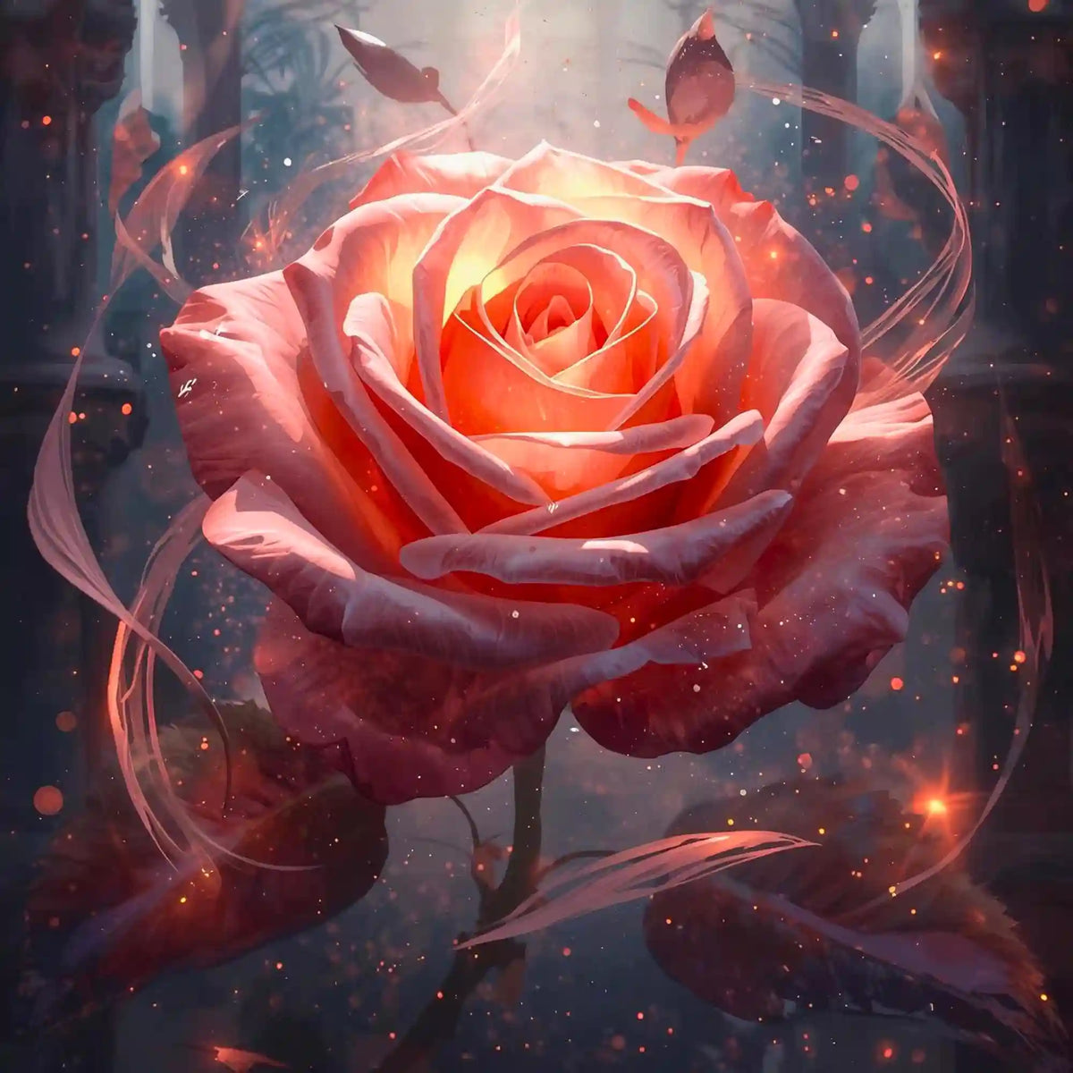 Diamond Painting Set Herzflamme mit leuchtender rosa Rose in Fantasy-Optik, verziert mit glitzernden Lichteffekten.